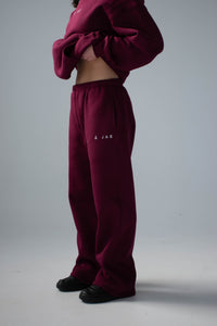 Burgundy tracksuit with a logo on a plain background